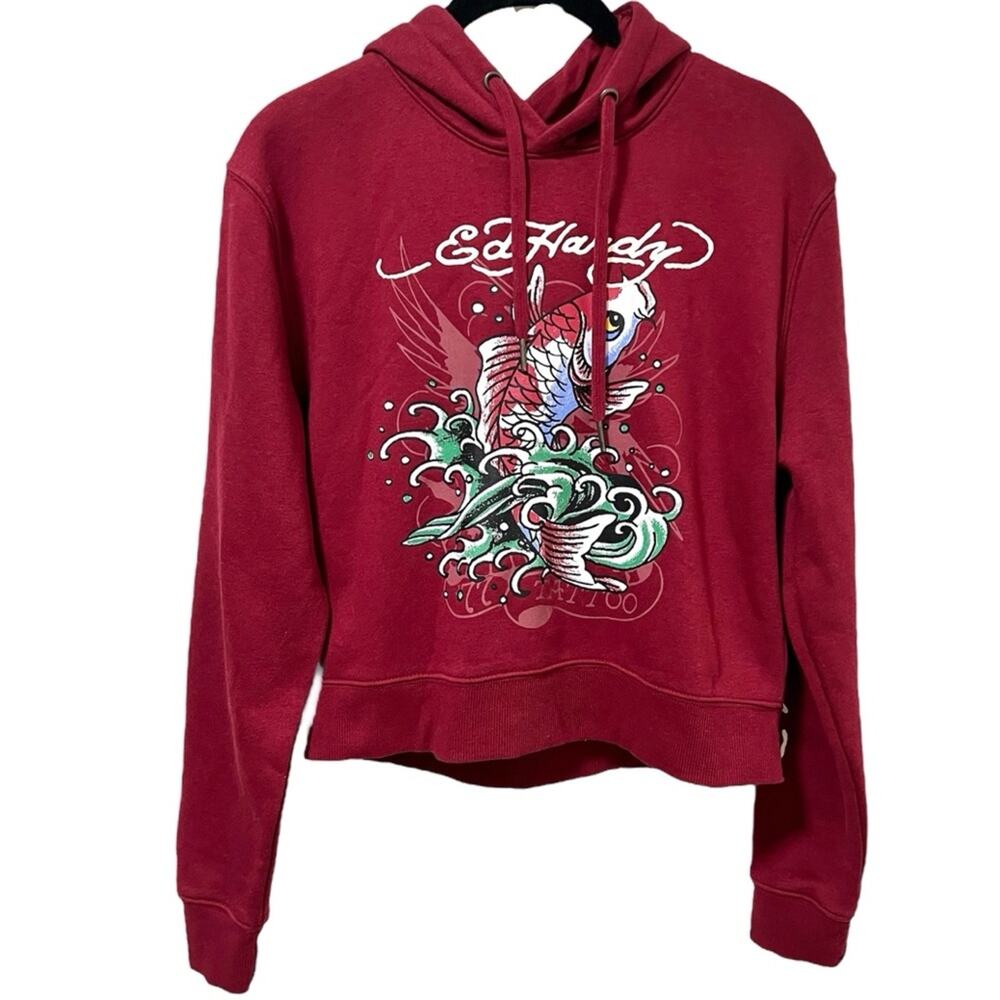 Ed Hardy Graphic Koi Fish Cropped Hoodie M Wine Burgundy Y2K